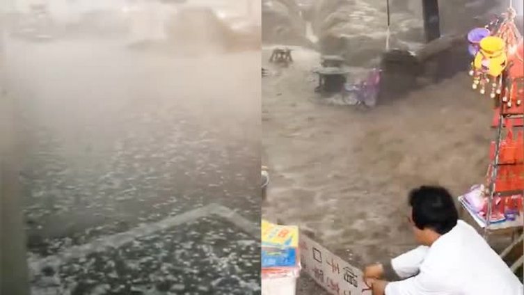 【泰山突降暴雨冰雹 鸡蛋大小冰雹落满一地 景区台阶秒变山间瀑布】6月1日,山东泰安出现强对